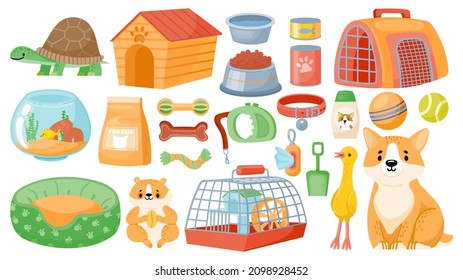 Cartoon Pet Food, Accessories, Care Items, Toys And Treats. Animal Shop Supplies, Collar, Dog Grooming, Hamster Cage And Aquarium  Set. Store With Products For Turtle And Fish