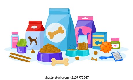 Cartoon pet food, cats and dogs pet shop accessories. Domestic pet food, pet shop equipment poster  illustration. Animal food and accessories advertising background. Bowls with meal for fish