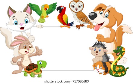 cartoon pets holding blank sign