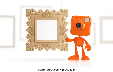Cartoon Photographer. Bizarre cameraman as a funny character standing inside a gallery hall beside the empty picture frame. 3D rendered graphics.