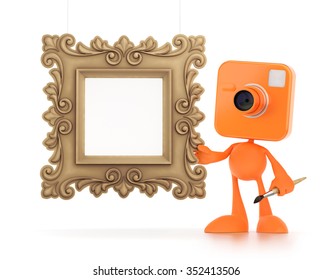 Cartoon Photographer. Bizarre cameraman as a funny personage standing beside the picture frame. 3D rendered graphics on white background.