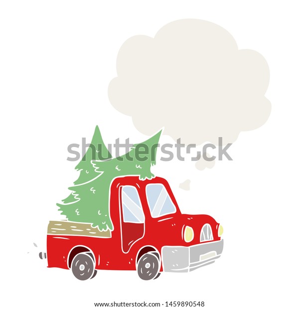 cartoon pickup truck carrying trees with thought\
bubble in retro\
style