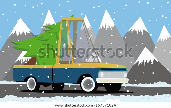 cartoon pickup truck in the\
mountains