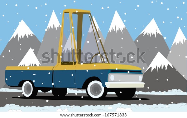 cartoon pickup truck in the\
mountains