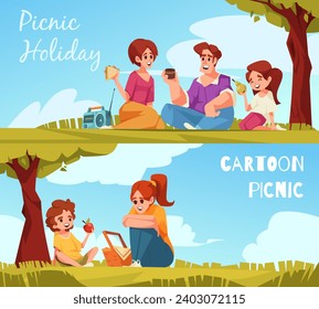 Cartoon picnic horizontal banner template collection with a fami - Powered by Shutterstock