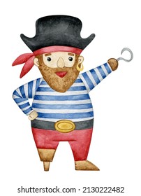 Cartoon pirate character. Watercolor cute sailor hand drawn illustration. Clipart element isolated on white background. Kids art
