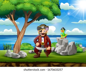 Cartoon a pirate with his parrot in nature - Powered by Shutterstock