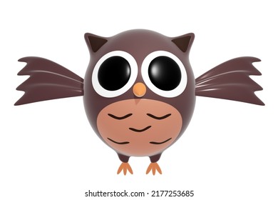 Cartoon Plastic Brown Cute Flying Owl With Big Eyes Isolated On White Background, 3d Illustration