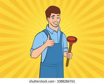 Cartoon Plumber Holding Plunger Pop Art Stock Illustration 1088286761 ...