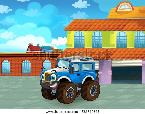 cartoon police car driving\
through the city or parking near the garage - illustration for\
children