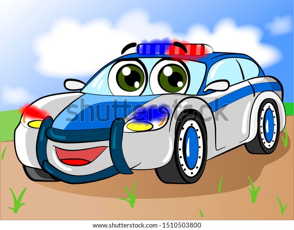 Cartoon\
police car with flashing lishts under blue sky.\
