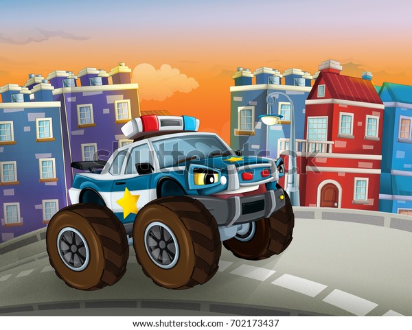 cartoon police car looking like\
monster truck driving through the city - illustration for\
children