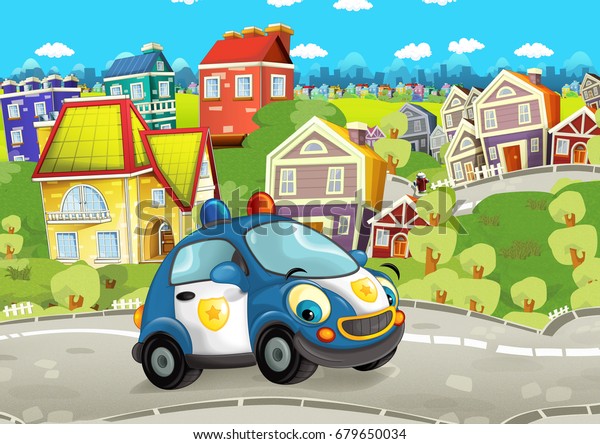 Cartoon police car smiling and driving through\
the city - illustration for\
children