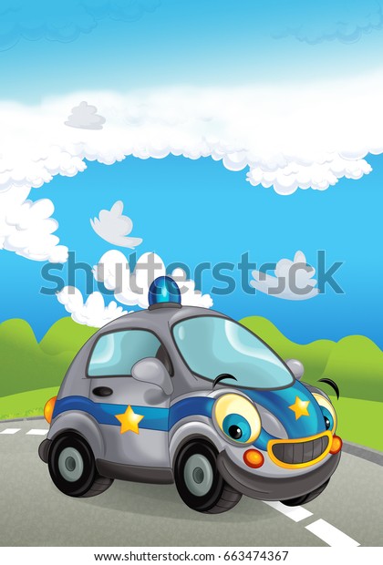 Cartoon police car smiling and looking on the\
road - illustration for\
children