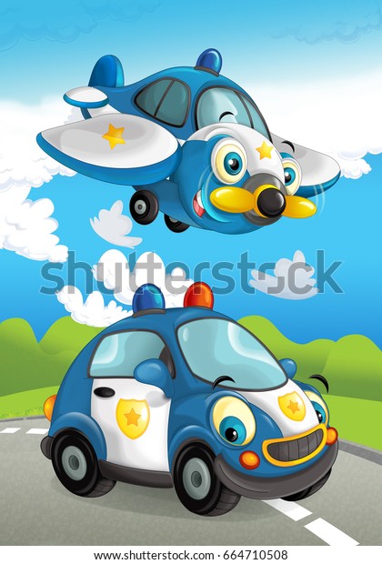Cartoon police car smiling and
looking on the road and plane flying over - illustration for
children
