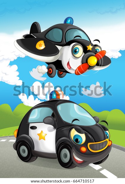 Cartoon police car smiling and\
looking on the road and plane flying over - illustration for\
children