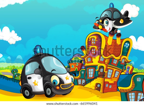 Cartoon police car\
smiling and looking in the parking lot and plane flying over -\
illustration for\
children