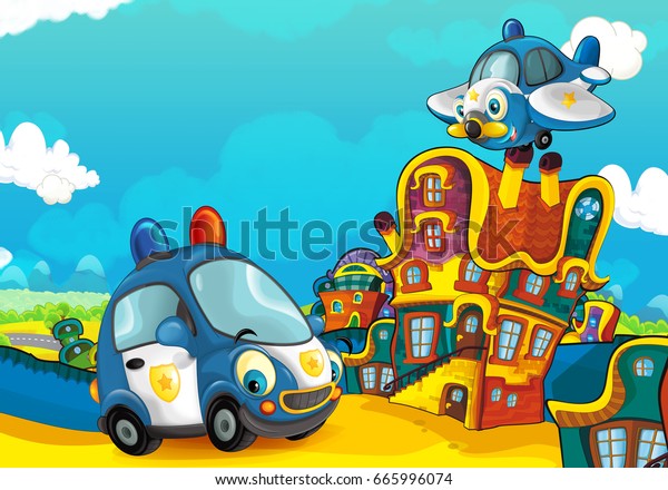 Cartoon police car\
smiling and looking in the parking lot and plane flying over -\
illustration for\
children