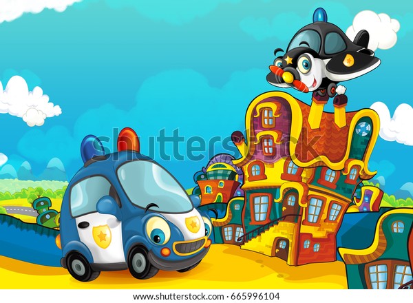 Cartoon police car
smiling and looking in the parking lot and plane flying over -
illustration for
children