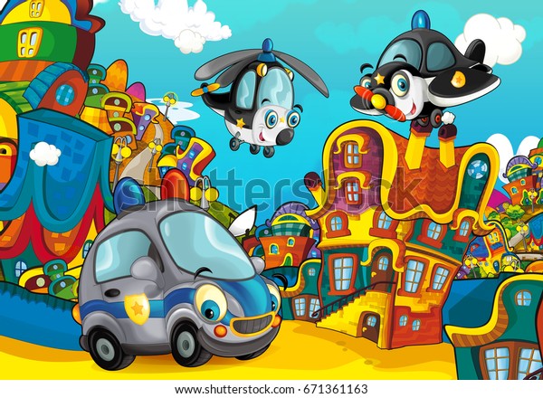 Cartoon police car smiling and looking in the\
parking lot / plane and helicopter flying over - illustration for\
children