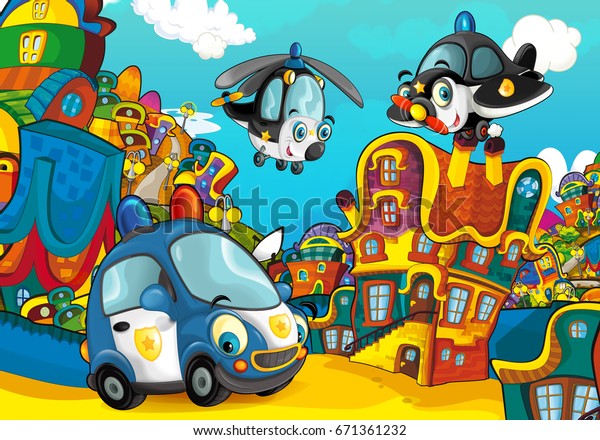 Cartoon police car smiling and looking in the\
parking lot - plane and helicopter flying over - illustration for\
children