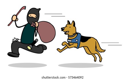 Cartoon Police Dog Chasing Thief Or Housebreaker