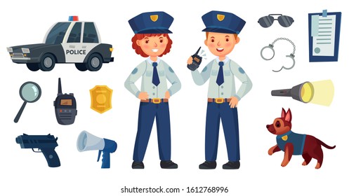 Cartoon Police Kids. Little Boy And Girl In Patrol Suits, Police Car And Dog. Gun, Radio And Police Badge, Child Character Play Security Or Policeman Job.  Isolated Illustration Icons Set