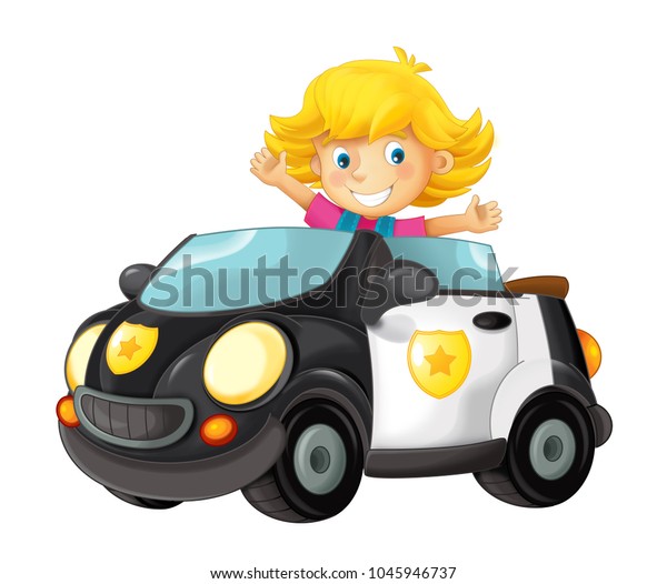 Cartoon police toy\
car with child in it - girl in cabriolet on white background -\
illustration for\
children