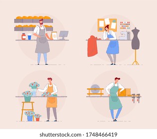 Cartoon portrait of business owner on workplace. Florist in flower shop, baker in a small bakehouse, carpenter and textile shop owner. Entrepreneur small business start open work - Powered by Shutterstock