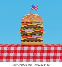 Cartoon Premium Delicious Burger Icon with USA Toothpick Flag and Red Plaid Tablecloth on a blue background. 3d Rendering - Powered by Shutterstock