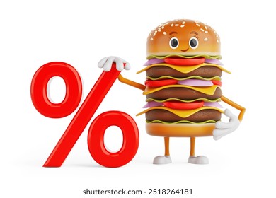 Cartoon Premium Delicious Burger Icon Person Character Mascot with Red Retail Percent Sale or Discount Sign on a white background. 3d Rendering  - Powered by Shutterstock