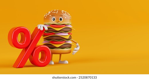 Cartoon Premium Delicious Burger Icon Person Character Mascot with Red Retail Percent Sale or Discount Sign on a white background. 3d Rendering  - Powered by Shutterstock