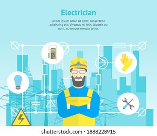 Cartoon Professional Electrician Worker Man and Electric Service Card Poster Engineering Repair Help Concept. illustration - Powered by Shutterstock