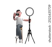 Cartoon Professional Photographer.  A male photographer is sitting next to a ring light with his right hand holding a camera that is close to his face while his left hand holds a ring light. 3D Male