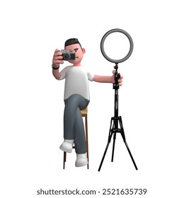 Cartoon Professional Photographer.  A male photographer is sitting next to a ring light with his right hand holding a camera that is close to his face while his left hand holds a ring light. 3D Male - Powered by Shutterstock