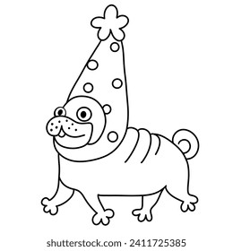 A cartoon pug dog wearing a green party hat with a star on top. The dog is sitting on a red carpet, and it is smiling and wagging its tail. There is a Christmas tree in the background. - Powered by Shutterstock