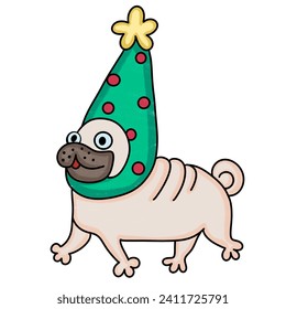 A cartoon pug dog wearing a green party hat with a star on top. The dog is sitting on a red carpet, and it is smiling and wagging its tail. There is a Christmas tree in the background. - Powered by Shutterstock