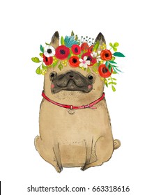 cartoon pug with floral wreath