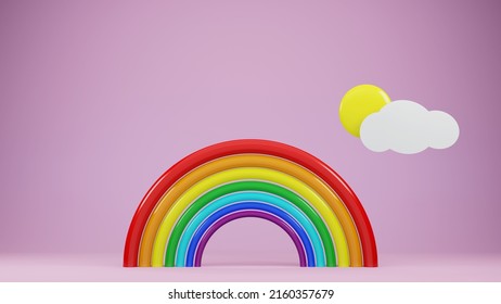 Cartoon Rainbow With Sun And Clouds, 3d Render