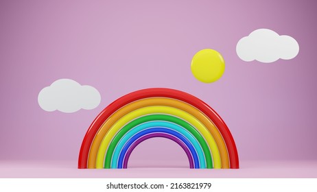 Cartoon Rainbow With Sun And Clouds, 3d Render