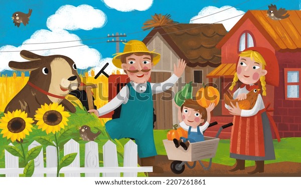cartoon ranch scene with farmer family and dog\
illustration for\
children