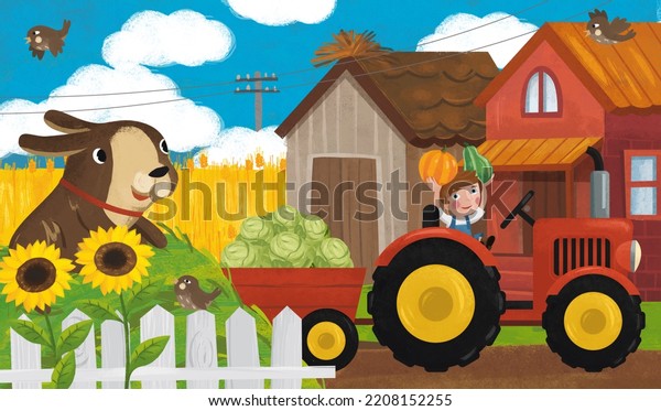 cartoon ranch scene with happy farmer family and\
dog illustration for\
children