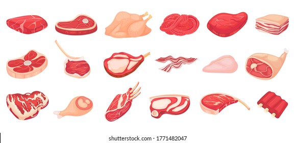 Cartoon raw meat. Bacon, steak and beef minced meat. Rack of ribs, chicken breast and pork loin  set. Chicken and beef for barbecue, cartoon steak pork illustration