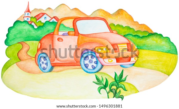 Cartoon red car. Hand painted watercolor illustration \
isolated on a white background. Road trip and outdoor adventures by\
car. 