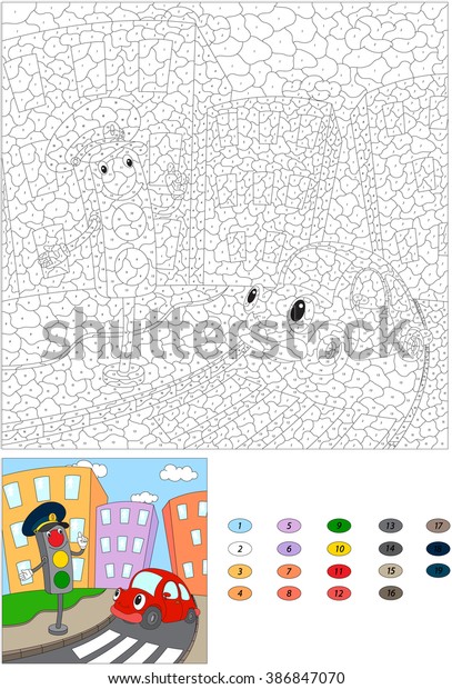 Cartoon red car and traffic lights on a\
pedestrian crossing. Color by number educational game for kids.\
illustration for schoolchild and\
preschool