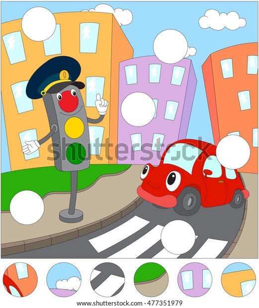 Cartoon red car and traffic lights. Complete the\
puzzle and find the missing parts of the picture. Educational game\
for kids