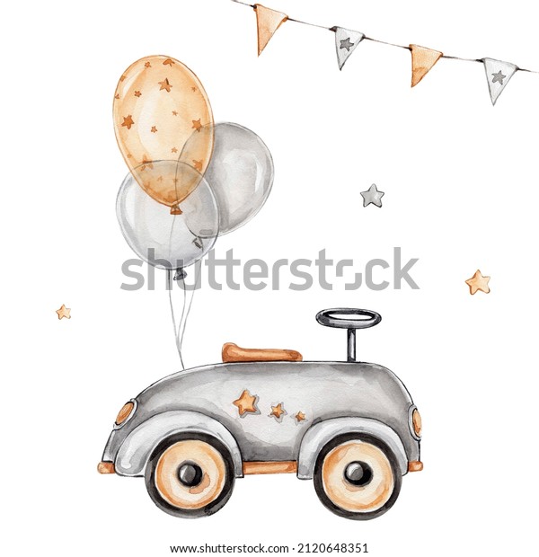 Cartoon\
retro car with balloons and stars; watercolor hand drawn\
illustration; with white isolated background\
