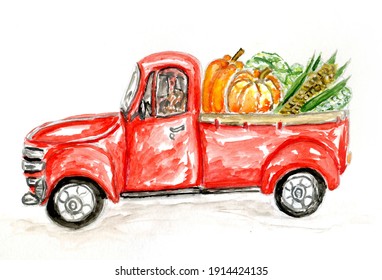 Cartoon retro red pickup truck with big pumpkins hand drawn illustration.