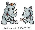 cartoon rhino and baby rhino working together of illustration