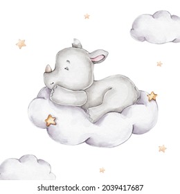 Cartoon rhinoceros sleeps on cloud; watercolor hand drawn illustration; with white isolated background